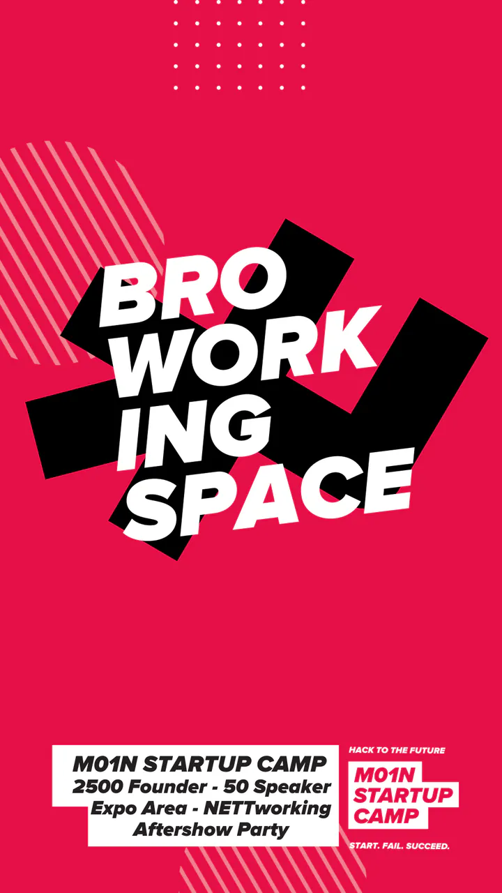 M01N Startup Camp poster “Broworking Space”: white slogan on the black M01N mark, on M01N red