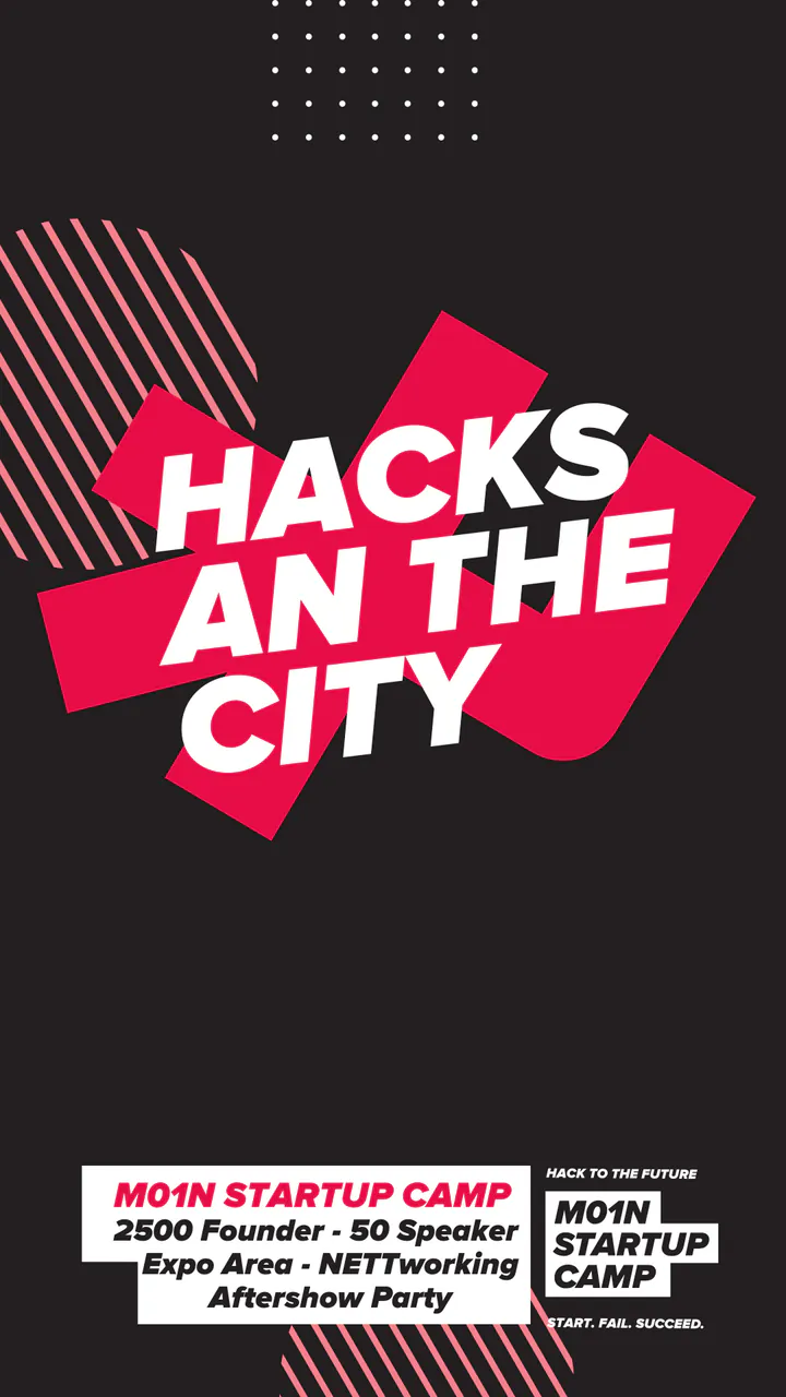 M01N Startup Camp poster “Hacks an the City”: white slogan on the red M01N mark, on black