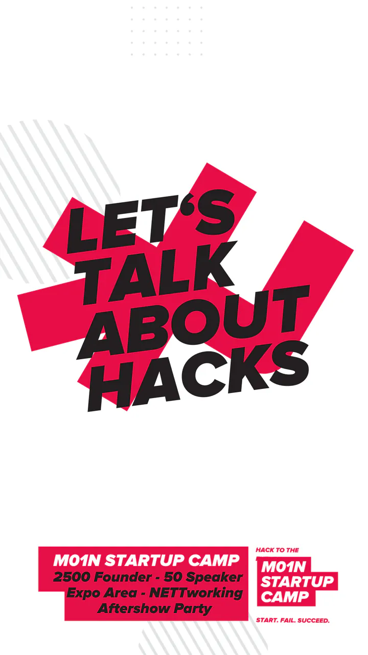 M01N Startup Camp poster “Let’s Talk About Hacks”: black slogan on the red M01N mark, on white